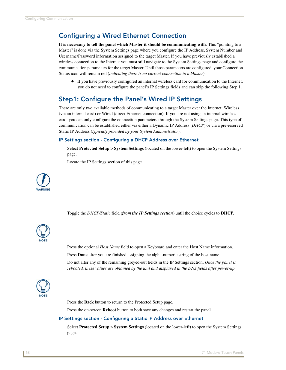 Configuring a wired ethernet connection, Step1: configure the panel’s wired ip settings | AMX Modero CV7 User Manual | Page 80 / 220