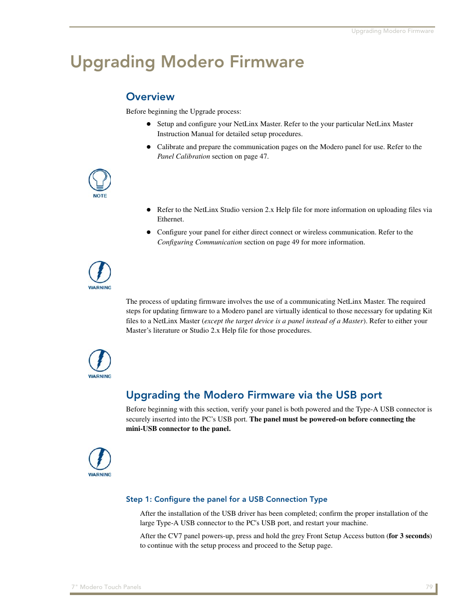 Upgrading modero firmware, Overview, Upgrading the modero firmware via the usb port | AMX Modero CV7 User Manual | Page 91 / 220