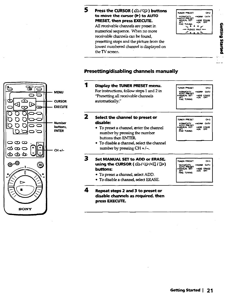 Press the cursor buttons, Presetting/disabling channels manually, Display the tuner preset menu | Select the channel to preset or disable, Set manual set to add or erase, Using the cursor, Buttons, Getting started, Co.tv | Sony SLV-420 User Manual | Page 21 / 51