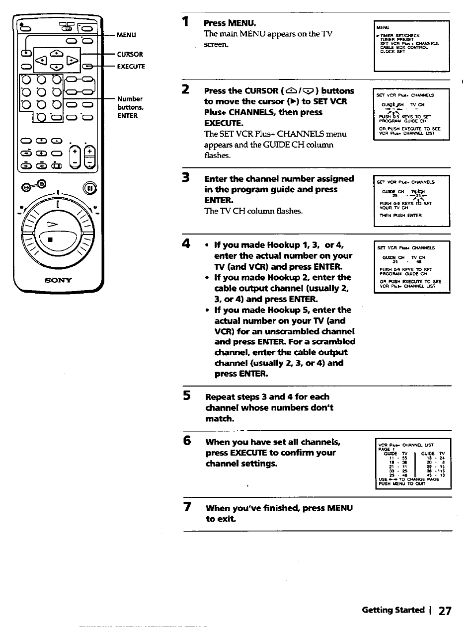 Menu cursor, Press menu. the main menu appears on the tv number, Enter screen | Getting started | Sony SLV-420 User Manual | Page 27 / 51