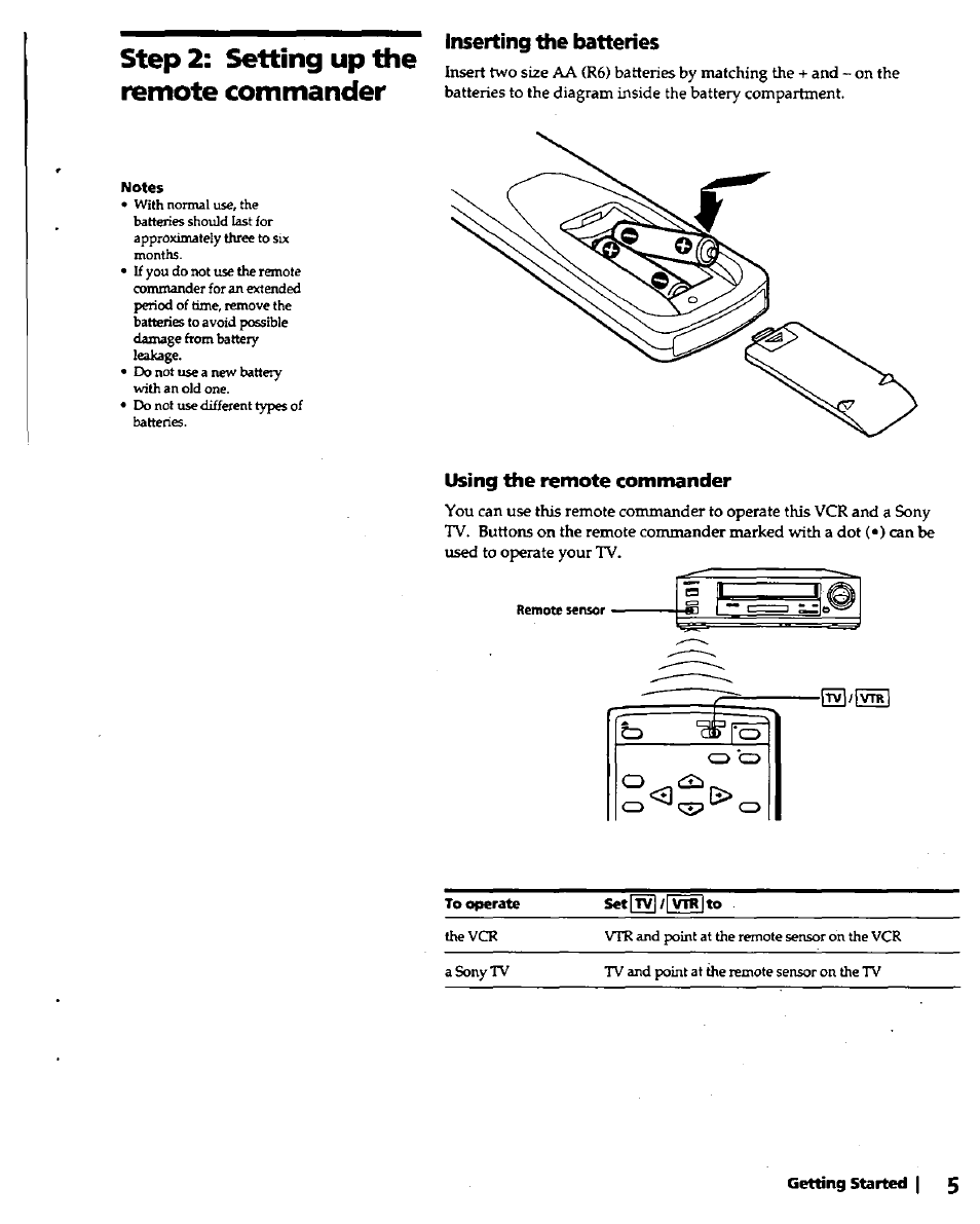 Using the remote commander, Step 2: setting up the remote commander, Inserting the batteries | Sony SLV-420 User Manual | Page 5 / 51