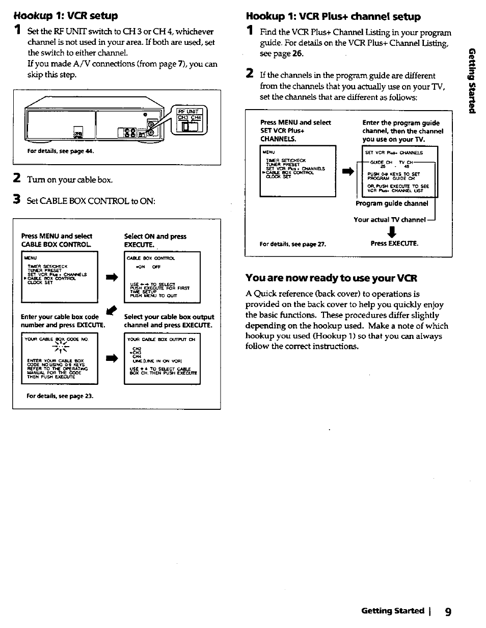You are now ready to use your vcr, Hookup 1: vcr setup, Hookup 1; vcr plu5+ channel setup | Sony SLV-420 User Manual | Page 9 / 51