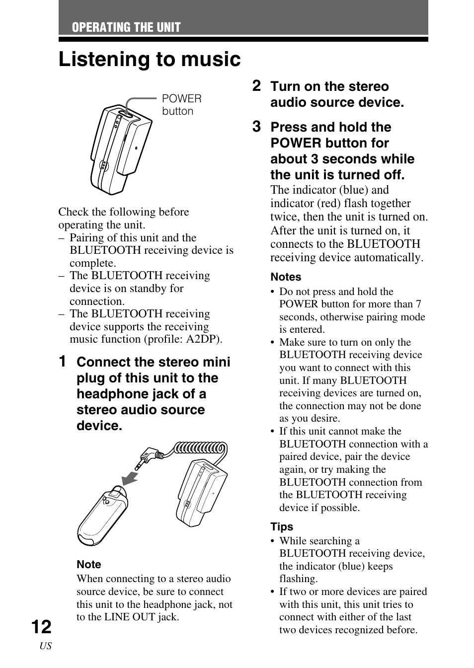 Listening to music | Sony TMR-BT10 User Manual | Page 12 / 44