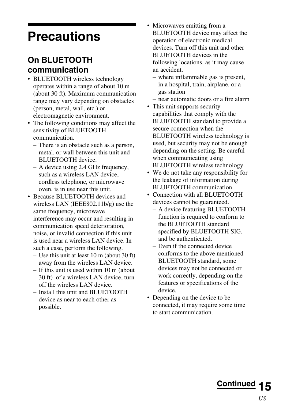 Precautions, On bluetooth communication, Continued | Sony TMR-BT10 User Manual | Page 15 / 44