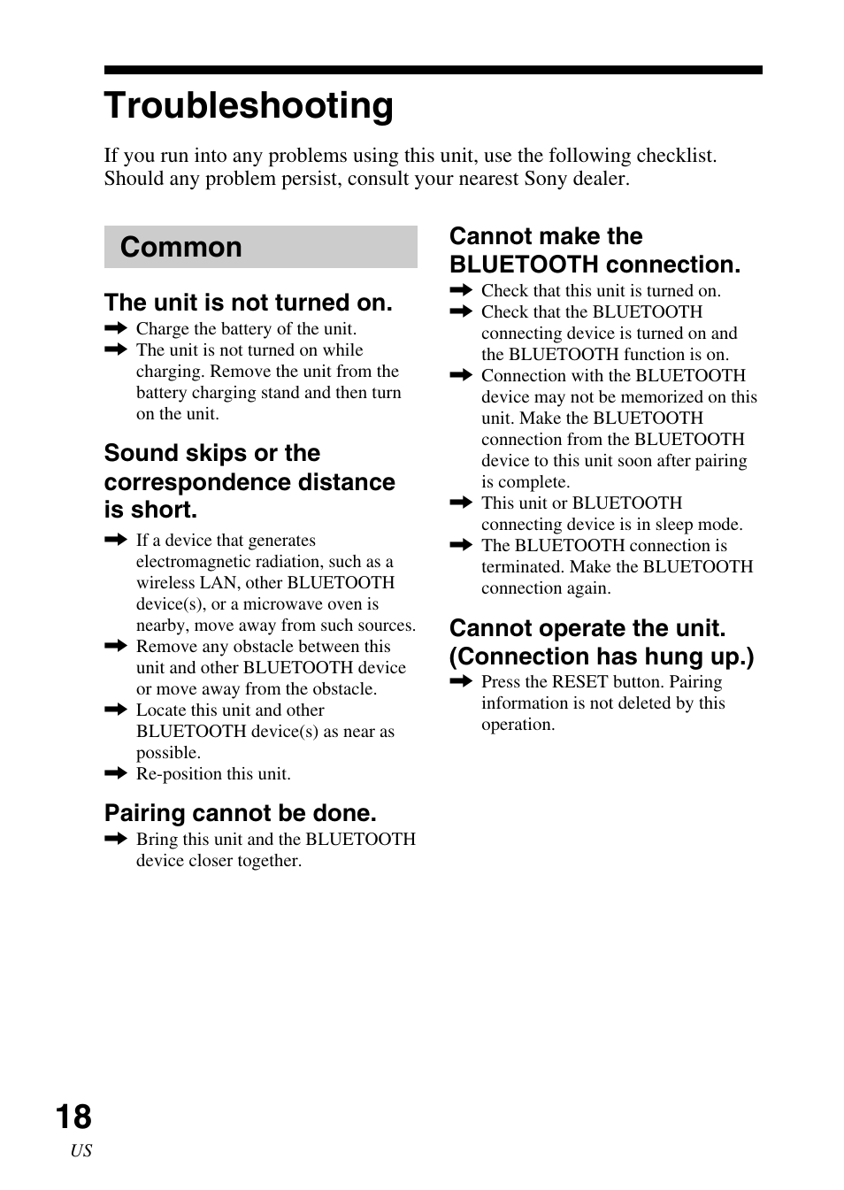 Troubleshooting, Common | Sony TMR-BT10 User Manual | Page 18 / 44
