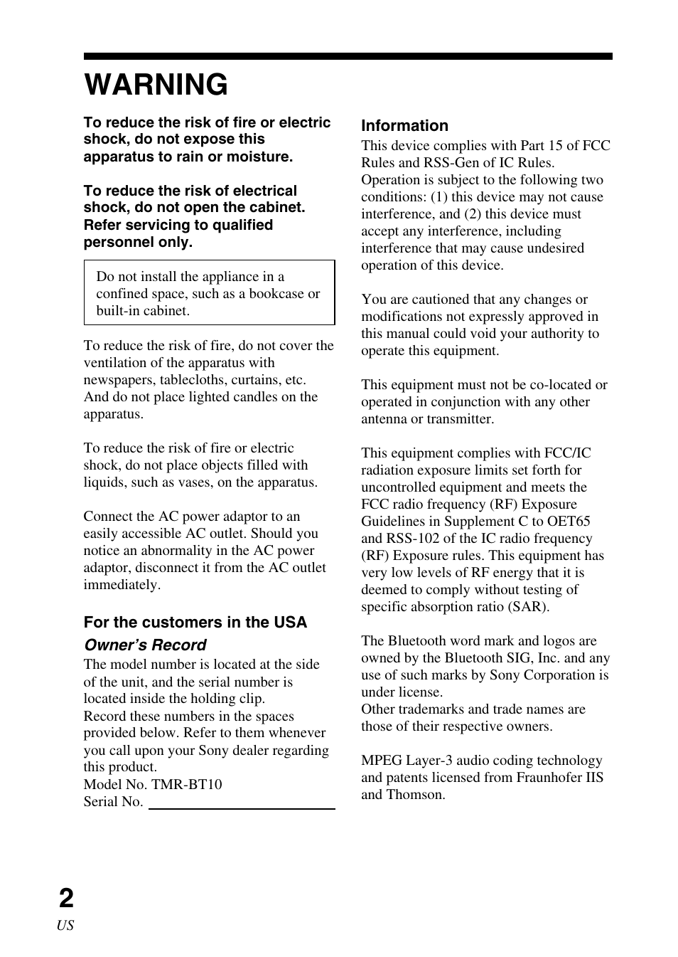 Warning | Sony TMR-BT10 User Manual | Page 2 / 44
