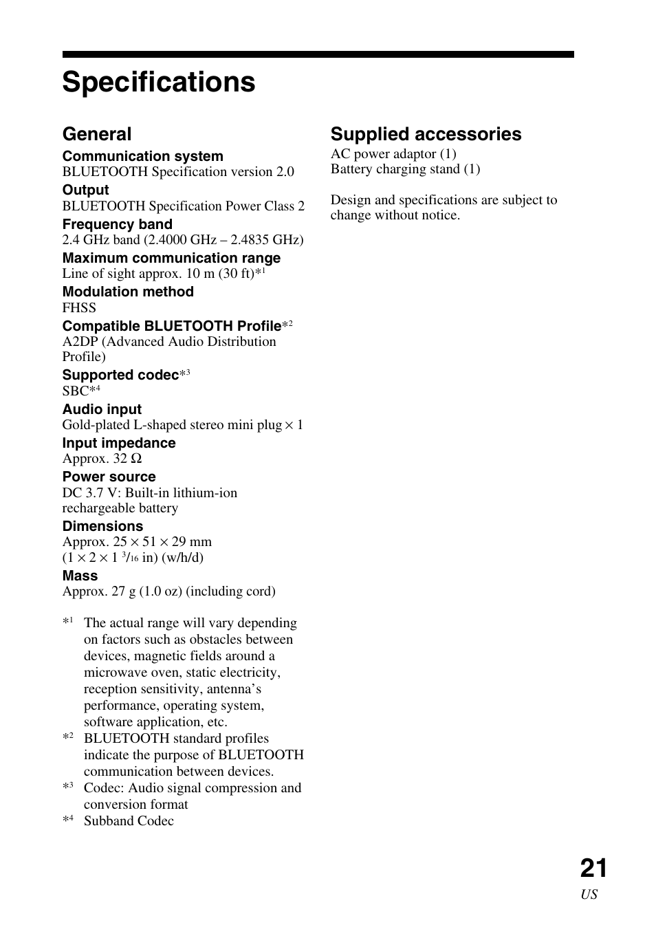 Specifications, General, Supplied accessories | Sony TMR-BT10 User Manual | Page 21 / 44