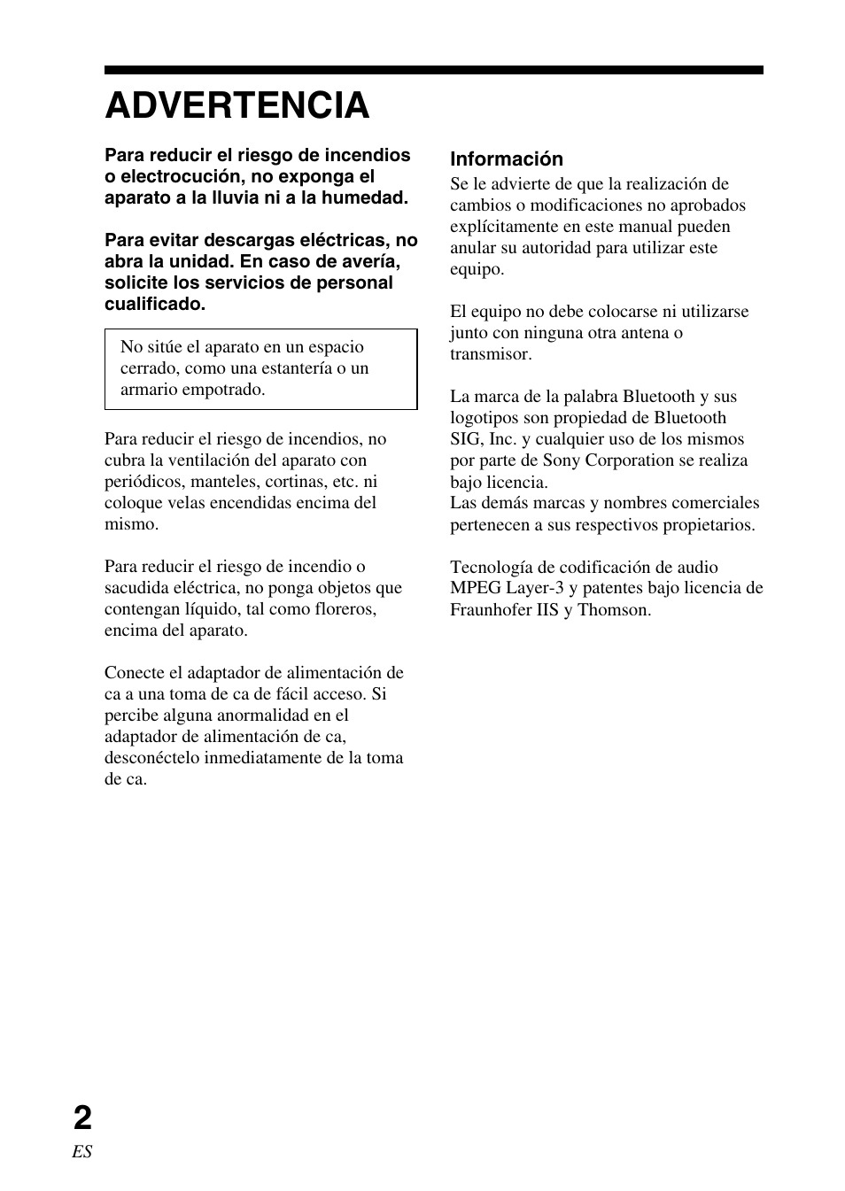 Advertencia | Sony TMR-BT10 User Manual | Page 22 / 44