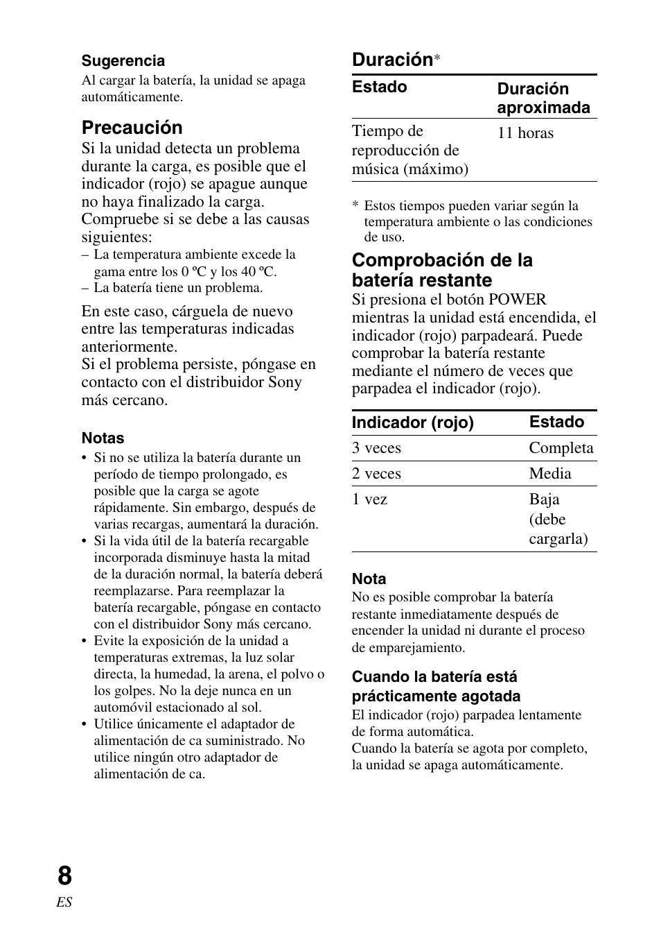 Precaución, Duración, Comprobación de la batería restante | Sony TMR-BT10 User Manual | Page 28 / 44