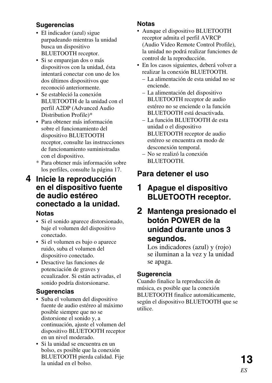 Para detener el uso, Apague el dispositivo bluetooth receptor | Sony TMR-BT10 User Manual | Page 33 / 44