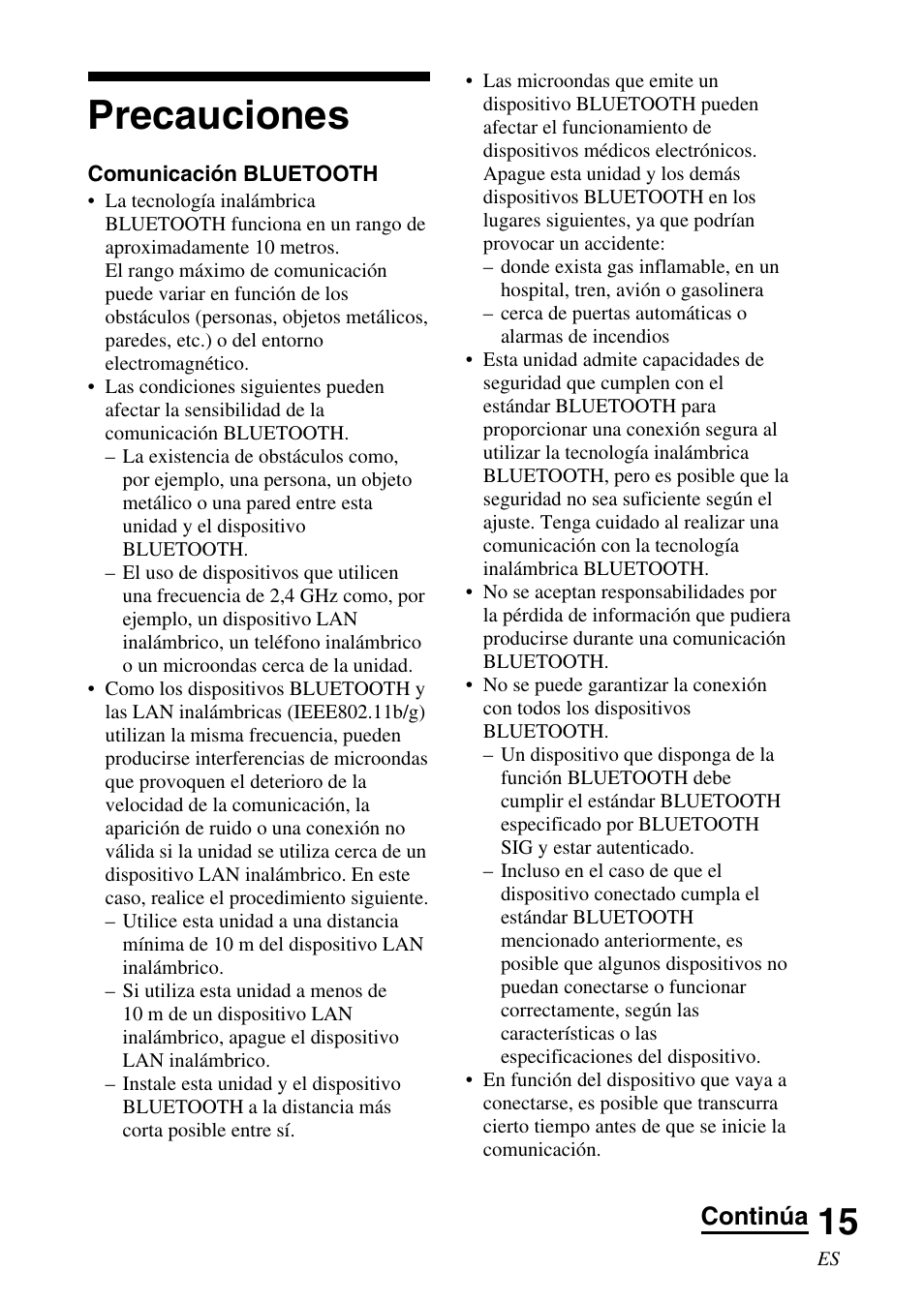 Precauciones, Continúa | Sony TMR-BT10 User Manual | Page 35 / 44