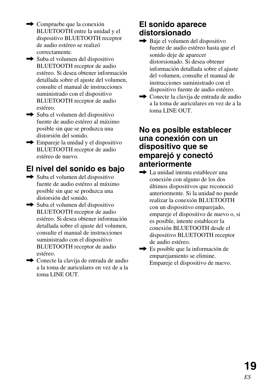 El nivel del sonido es bajo, El sonido aparece distorsionado | Sony TMR-BT10 User Manual | Page 39 / 44