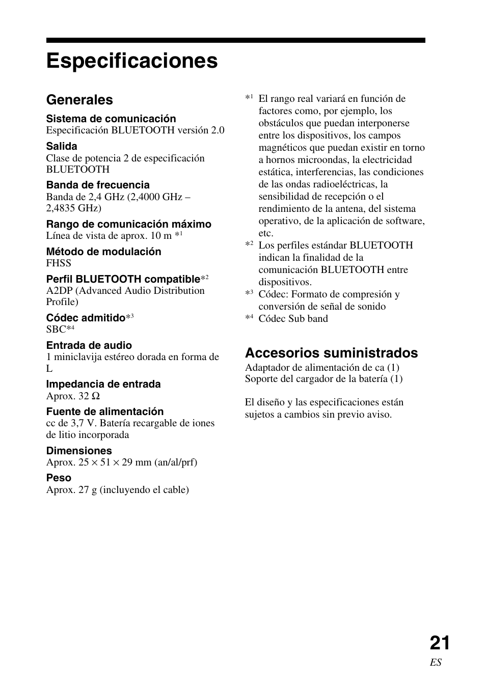 Especificaciones, Generales, Accesorios suministrados | Sony TMR-BT10 User Manual | Page 41 / 44