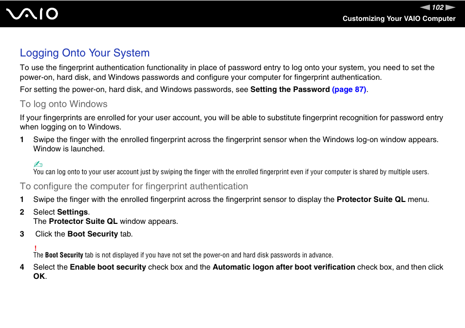 Logging onto your system | Sony VGN-TX850P User Manual | Page 102 / 202