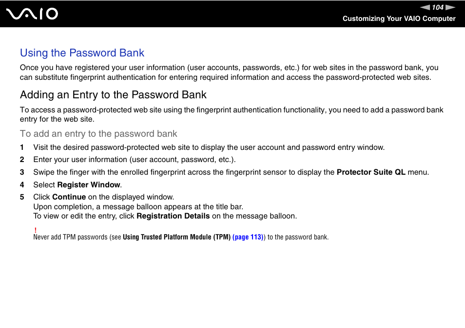 Using the password bank, Adding an entry to the password bank | Sony VGN-TX850P User Manual | Page 104 / 202
