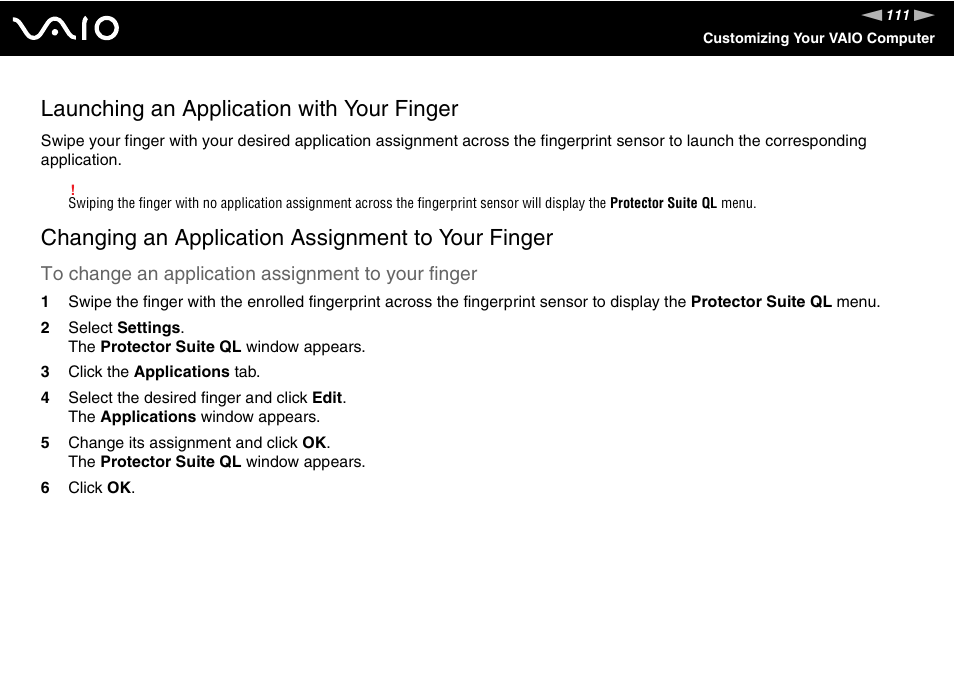 Launching an application with your finger, Changing an application assignment to your finger | Sony VGN-TX850P User Manual | Page 111 / 202