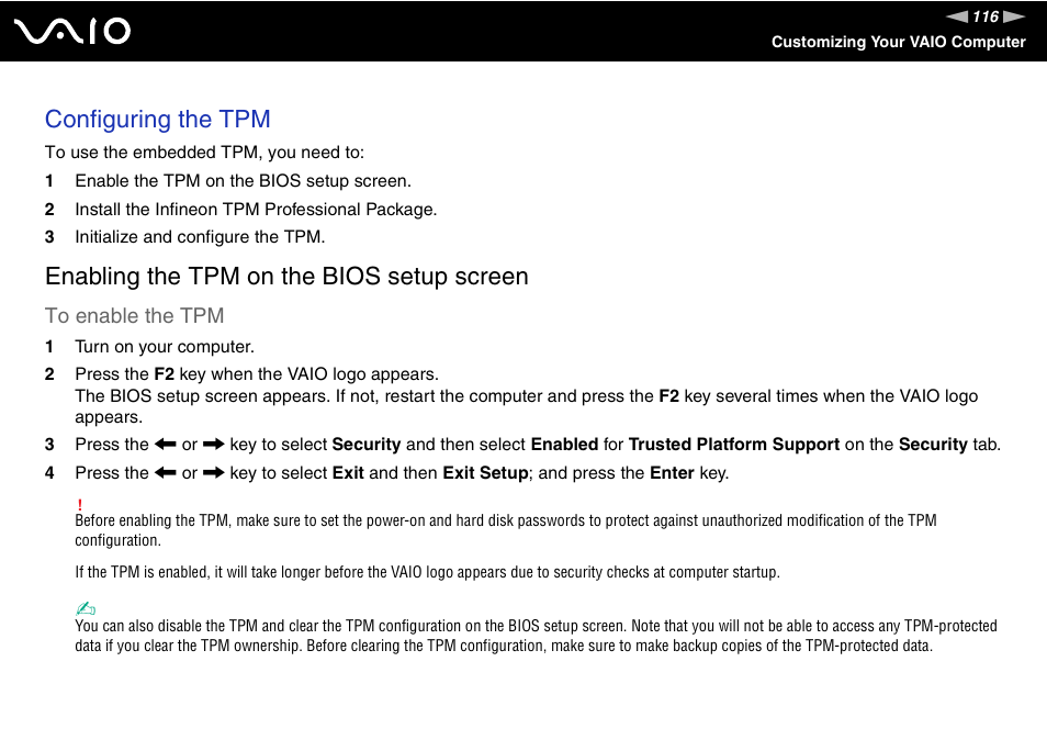 Configuring the tpm, Enabling the tpm on the bios setup screen | Sony VGN-TX850P User Manual | Page 116 / 202