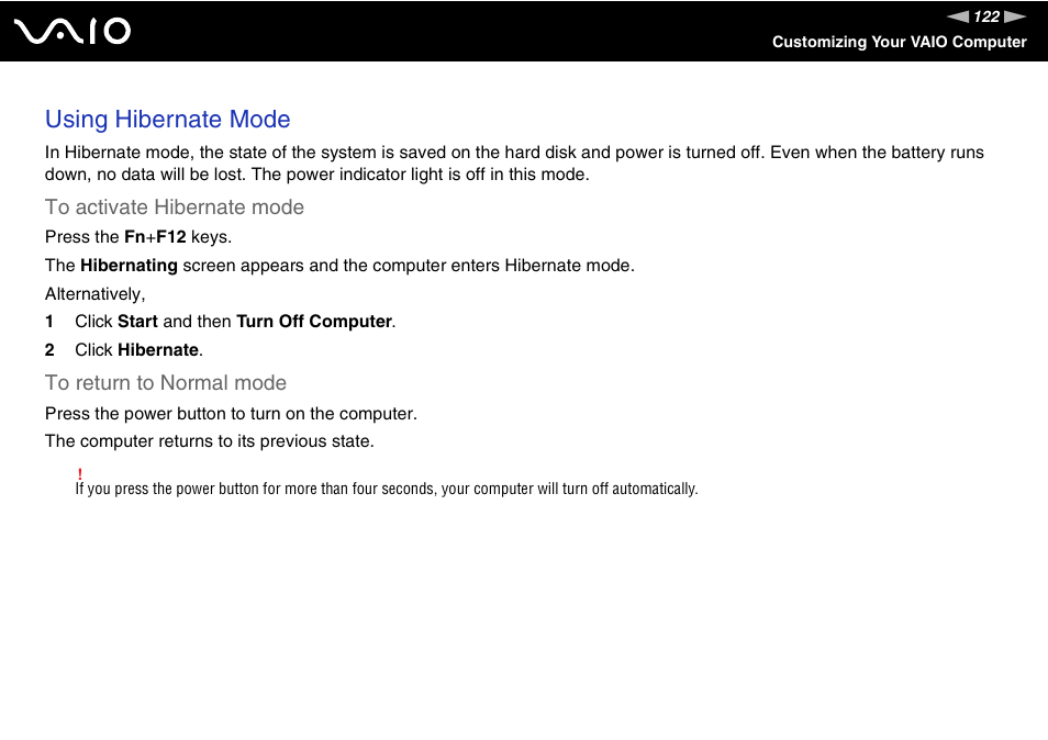 Using hibernate mode | Sony VGN-TX850P User Manual | Page 122 / 202