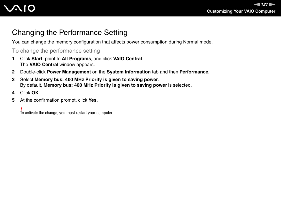 Changing the performance setting, Tting | Sony VGN-TX850P User Manual | Page 127 / 202