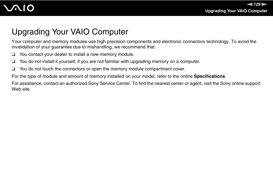 Upgrading your vaio computer | Sony VGN-TX850P User Manual | Page 129 / 202