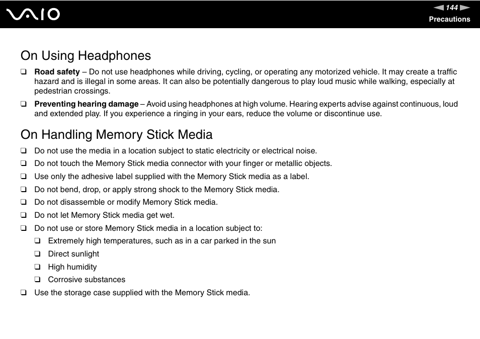 On using headphones, On handling memory stick media | Sony VGN-TX850P User Manual | Page 144 / 202