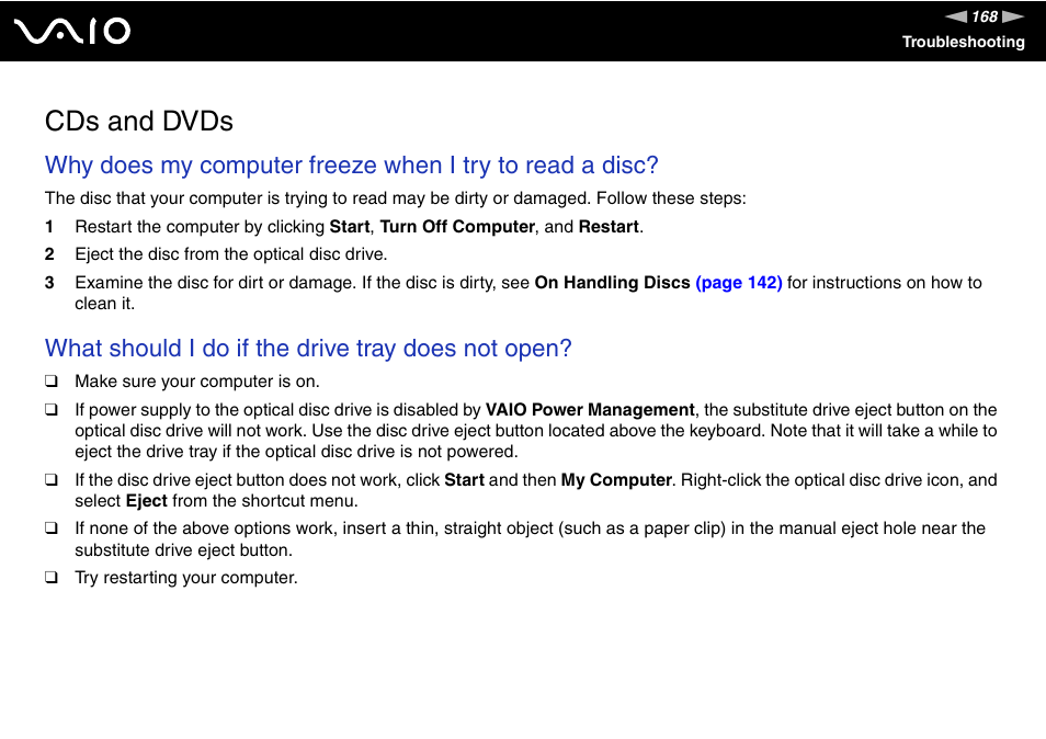 Cds and dvds, What should i do if the drive tray does not open | Sony VGN-TX850P User Manual | Page 168 / 202