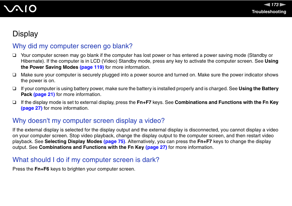 Display, Why did my computer screen go blank, Why doesn't my computer screen display a video | What should i do if my computer screen is dark | Sony VGN-TX850P User Manual | Page 173 / 202