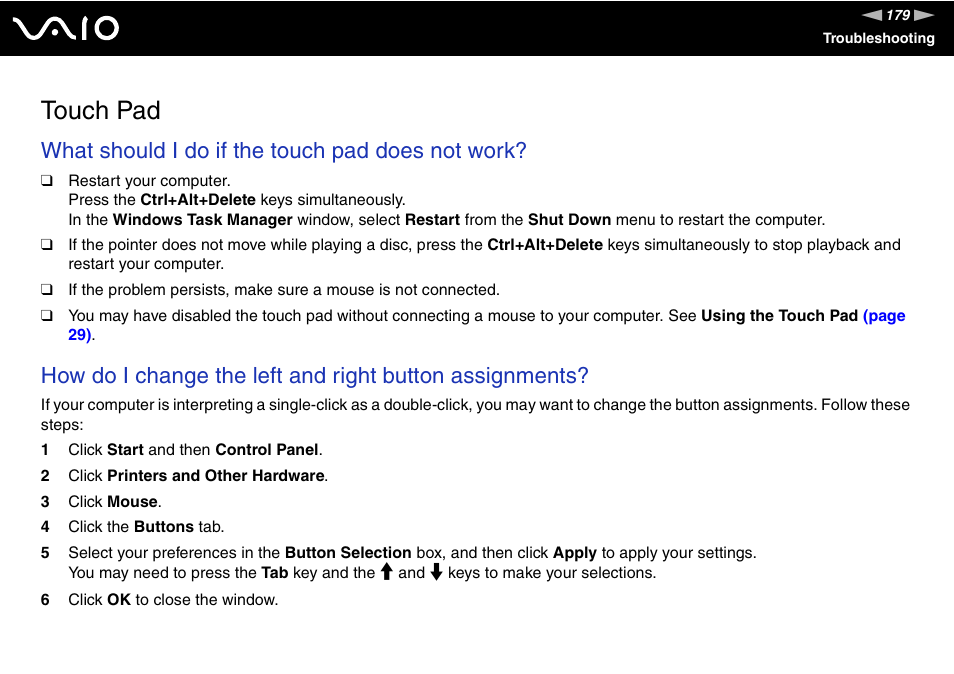 Touch pad, What should i do if the touch pad does not work | Sony VGN-TX850P User Manual | Page 179 / 202