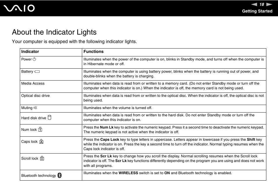 About the indicator lights | Sony VGN-TX850P User Manual | Page 18 / 202