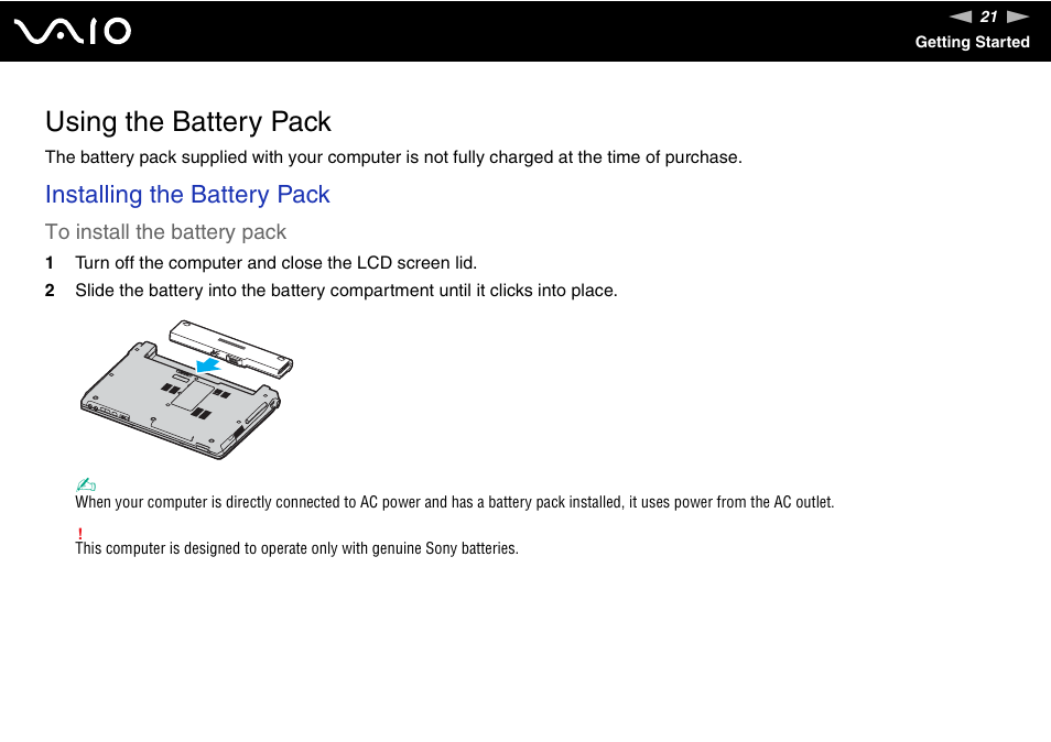 Using the battery pack, Installing the battery pack | Sony VGN-TX850P User Manual | Page 21 / 202
