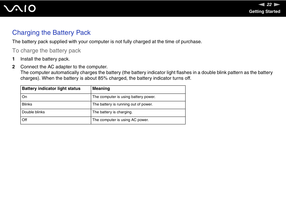 Charging the battery pack | Sony VGN-TX850P User Manual | Page 22 / 202