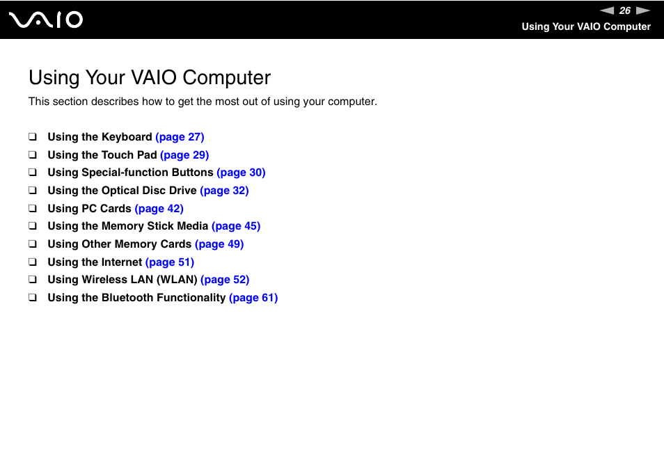 Using your vaio computer | Sony VGN-TX850P User Manual | Page 26 / 202