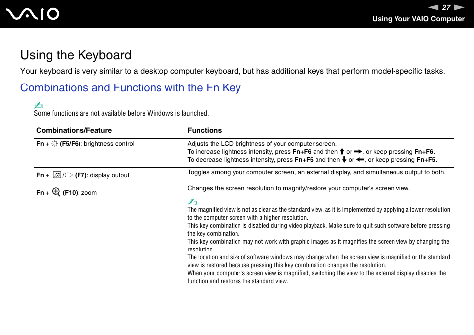 Using the keyboard, Combinations and functions with the fn key | Sony VGN-TX850P User Manual | Page 27 / 202