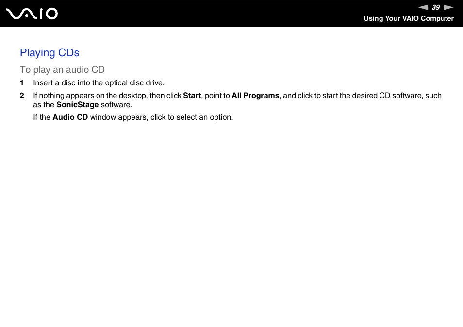 Playing cds | Sony VGN-TX850P User Manual | Page 39 / 202