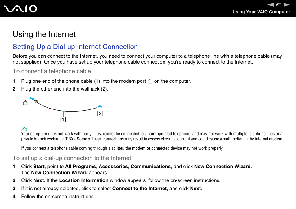 Using the internet, Setting up a dial-up internet connection | Sony VGN-TX850P User Manual | Page 51 / 202