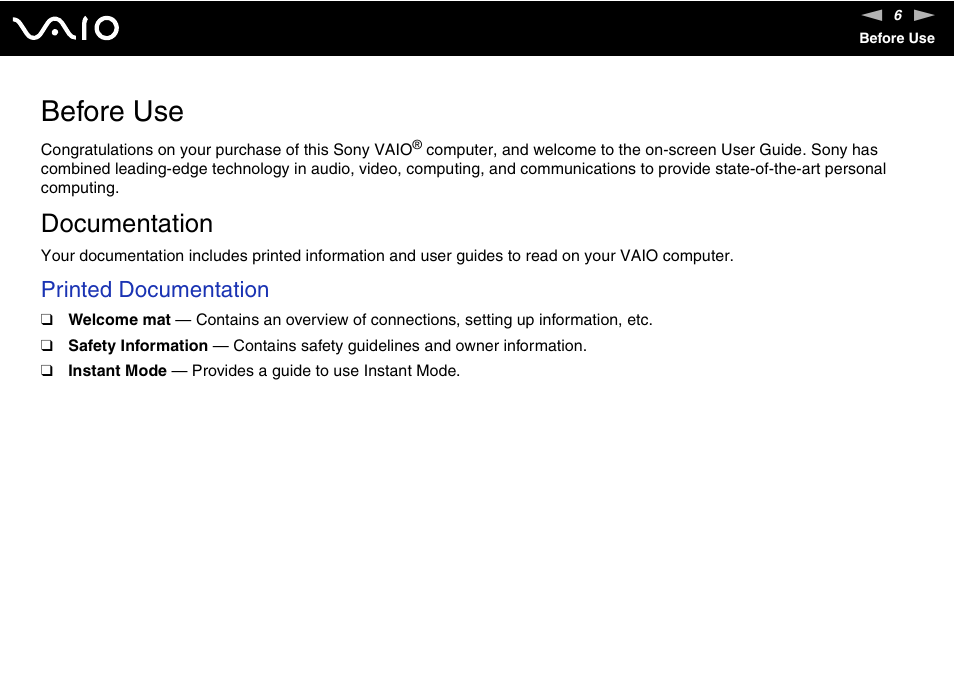 Before use, Documentation, Printed documentation | Sony VGN-TX850P User Manual | Page 6 / 202