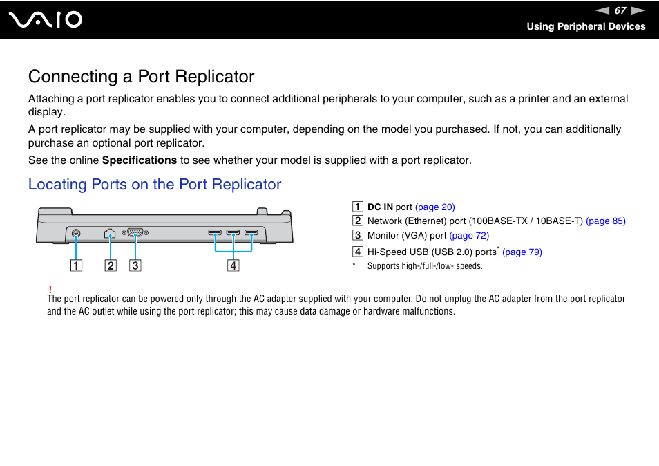 Connecting a port replicator, Locating ports on the port replicator | Sony VGN-TX850P User Manual | Page 67 / 202