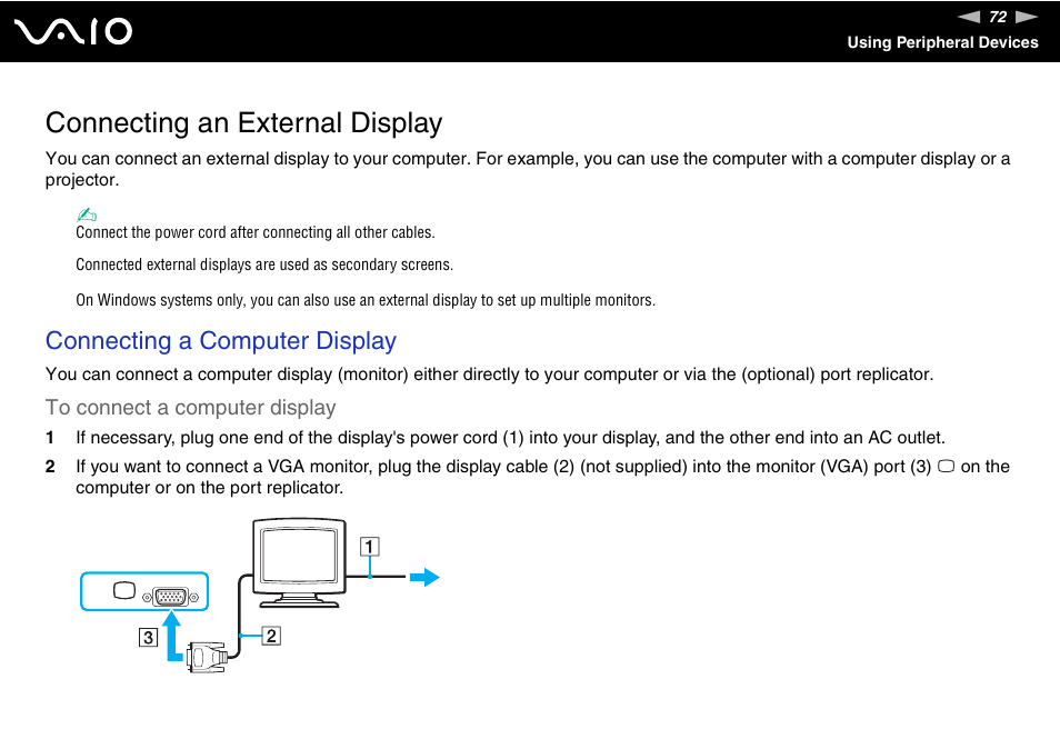 Connecting an external display, Connecting a computer display | Sony VGN-TX850P User Manual | Page 72 / 202