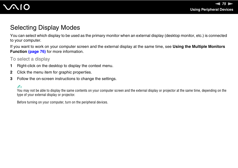 Selecting display modes | Sony VGN-TX850P User Manual | Page 75 / 202