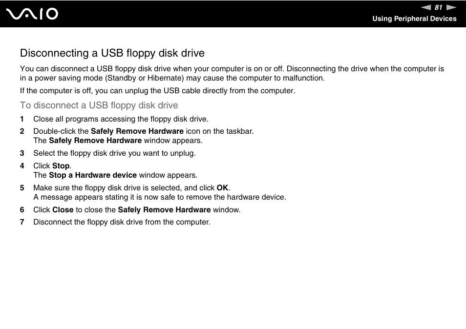 Disconnecting a usb floppy disk drive | Sony VGN-TX850P User Manual | Page 81 / 202
