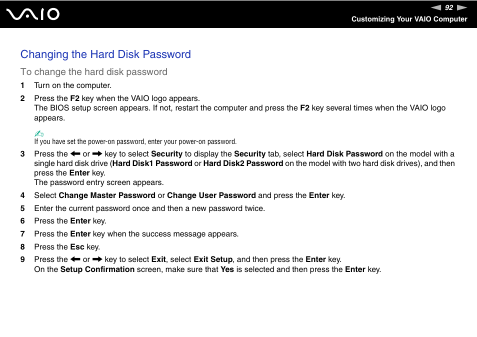 Changing the hard disk password | Sony VGN-TX850P User Manual | Page 92 / 202