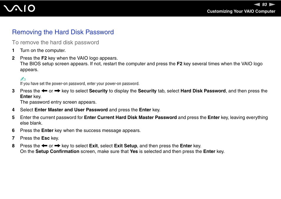Removing the hard disk password | Sony VGN-TX850P User Manual | Page 93 / 202