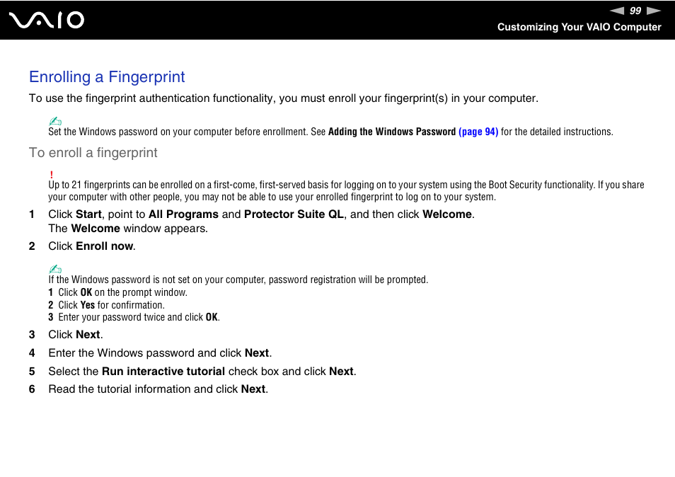Enrolling a fingerprint | Sony VGN-TX850P User Manual | Page 99 / 202