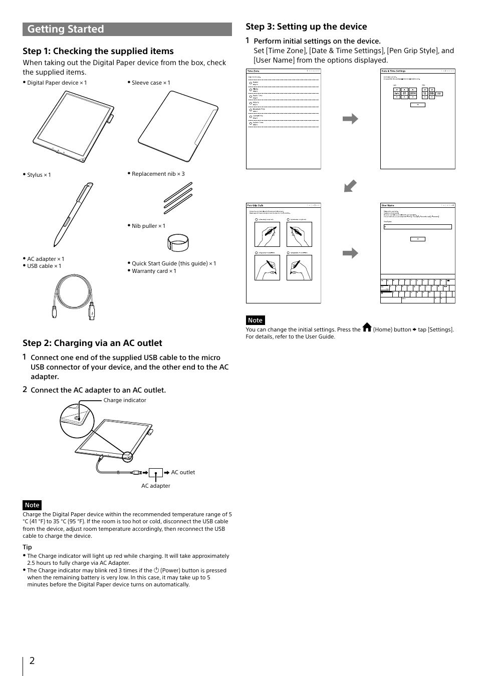 Getting started, Step 3: setting up the device, Step 1: checking the supplied items | Step 2: charging via an ac outlet | Sony DPT-S1 User Manual | Page 2 / 12