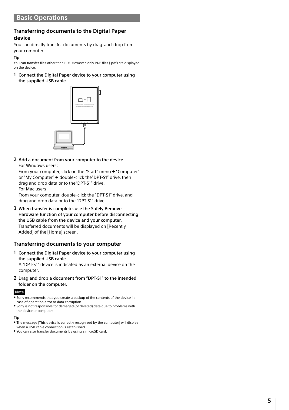 Basic operations | Sony DPT-S1 User Manual | Page 5 / 12