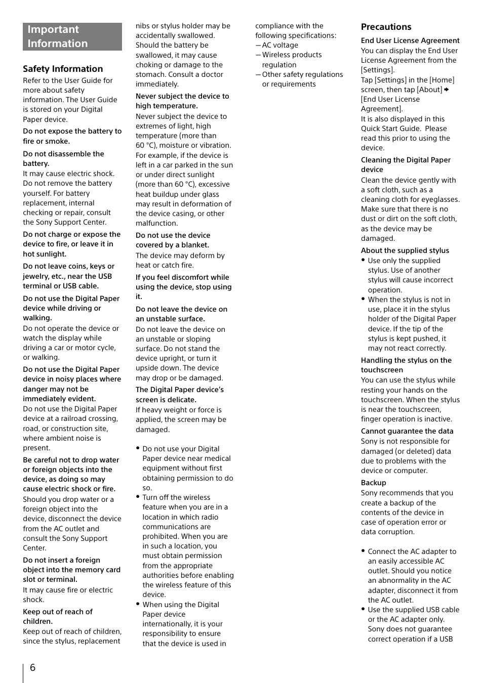 Important information | Sony DPT-S1 User Manual | Page 6 / 12