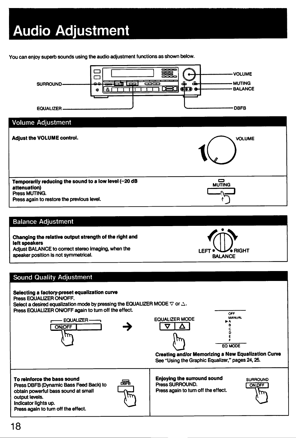 Audio adjustment, Balance adjustment, Sound quality adjustment | Auuio adjustment | Sony STR-AV910 User Manual | Page 18 / 39