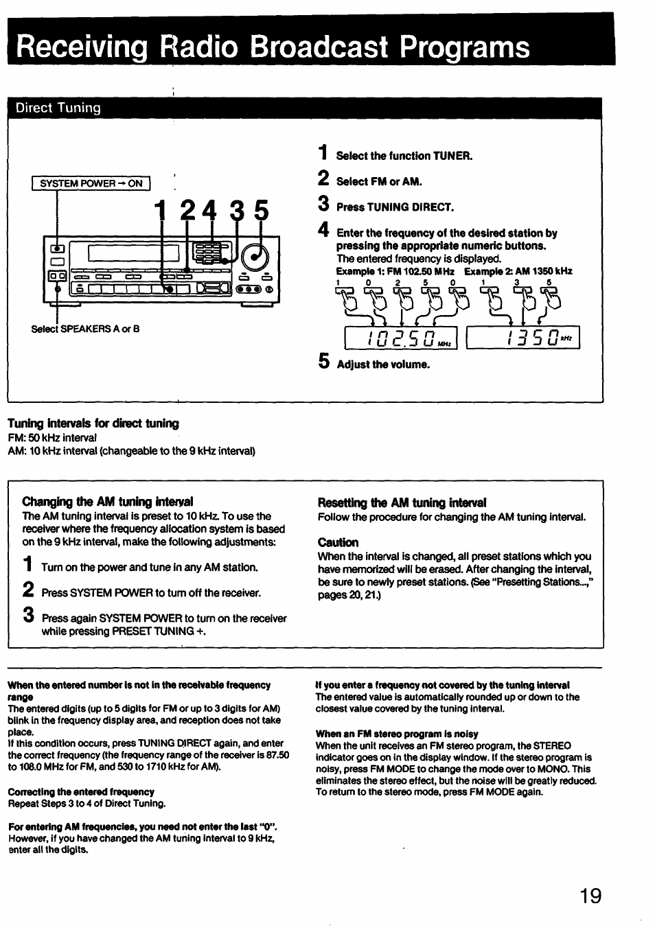 Receiving radio broadcast programs, Direct tuning, 1 select the function tuner | 2 select fm or am, 3 press tuning direct, 5 adjust the volume, Tuning intenrals for direct tuning, Changing the am tuning intental, Resetting the am tuning intetvai, Caution | Sony STR-AV910 User Manual | Page 19 / 39