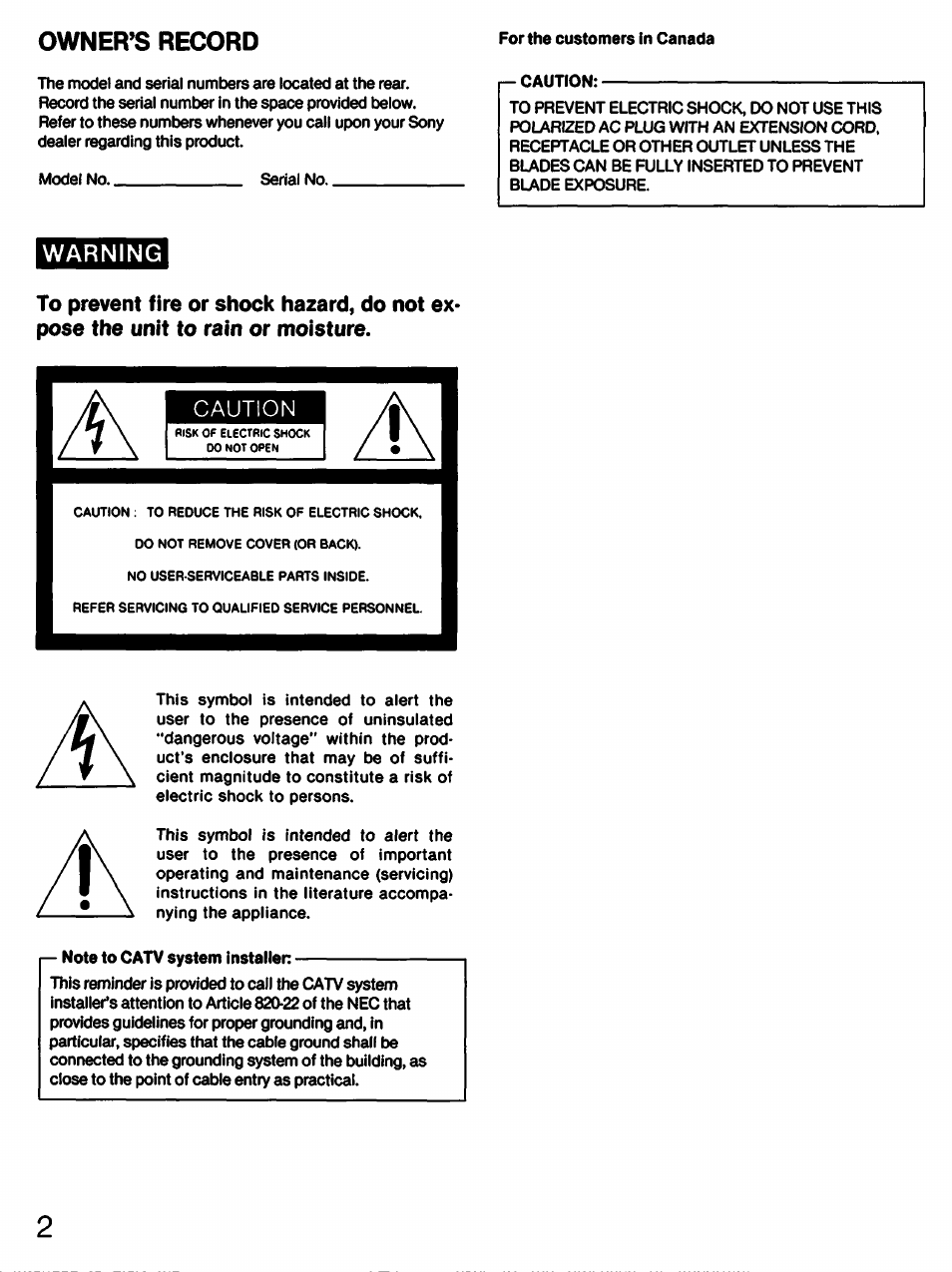 Owner’s record | Sony STR-AV910 User Manual | Page 2 / 39