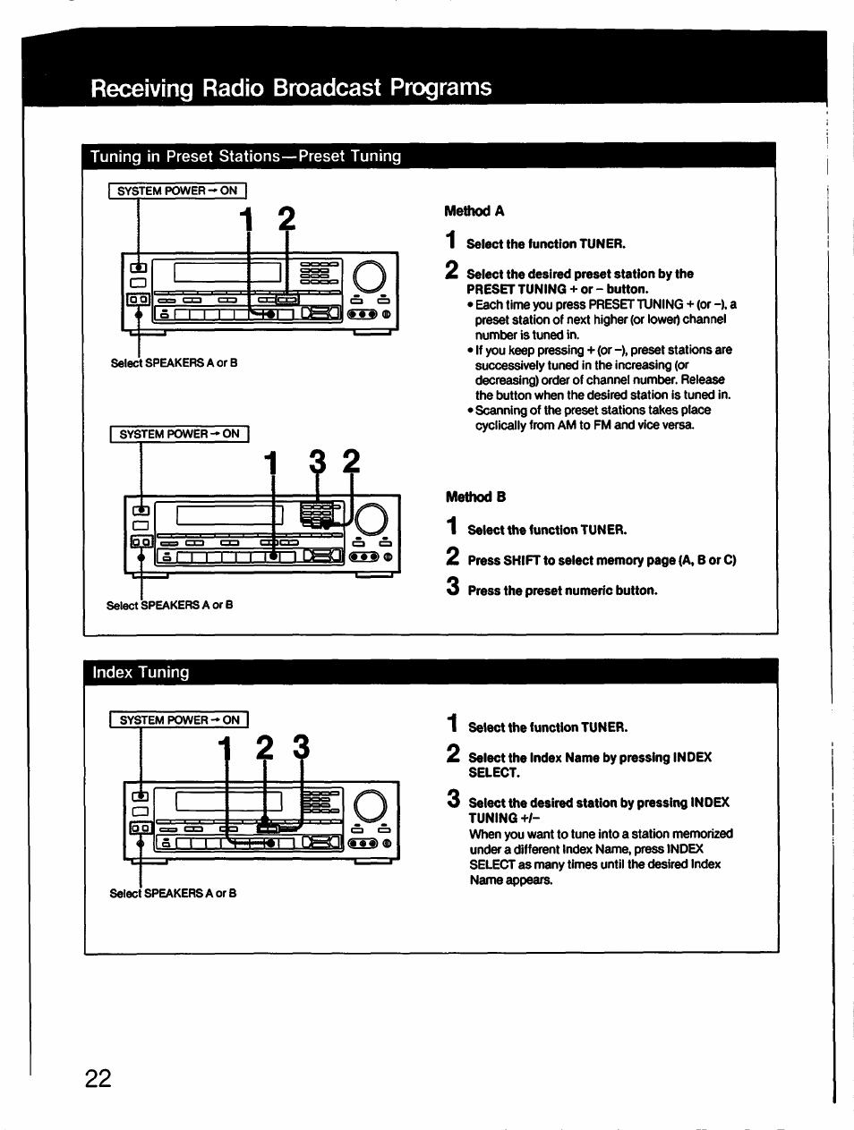 Index tuning, Receiving radio broadcast programs | Sony STR-AV910 User Manual | Page 22 / 39